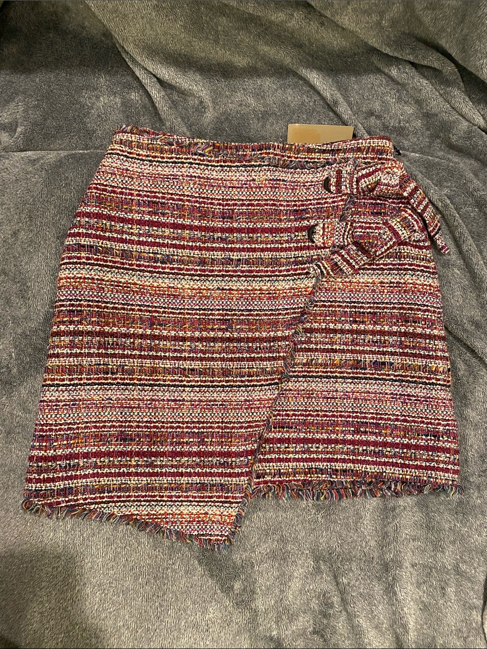 Textured Multicolor Tweed Wrap Mini Skirt - Maroon Mix